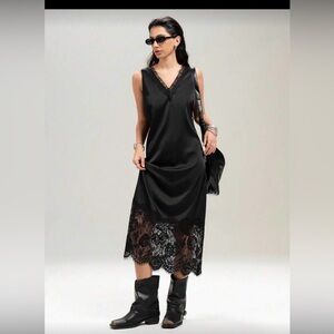 Satin Black Lace-Trim Slip Dress
